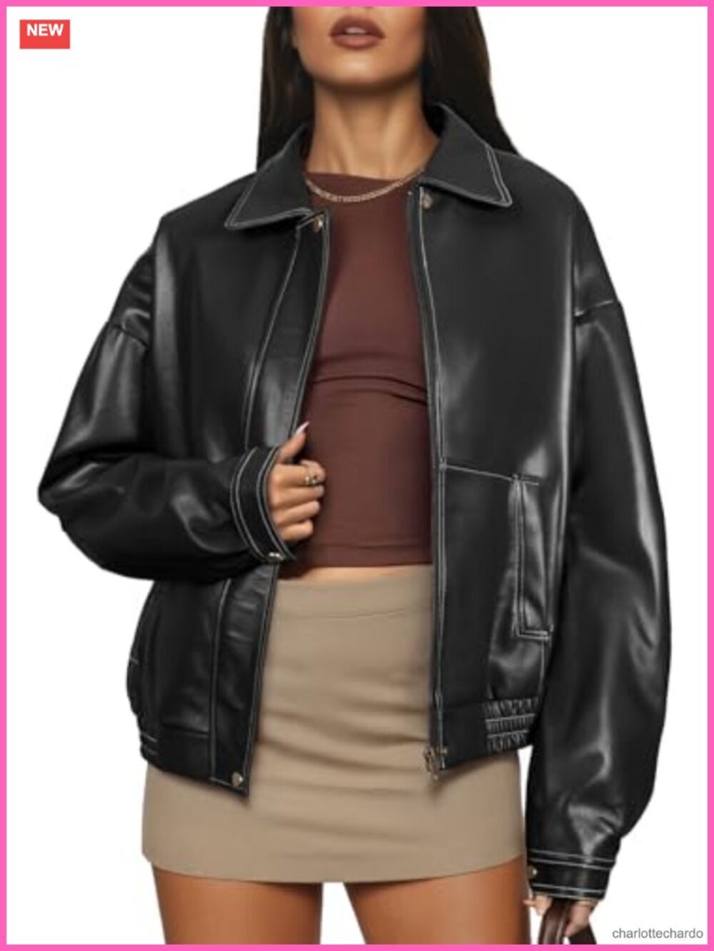 Faux Leather Jacket Womens Oversized Moto Bomber Zip Up Fall Winter Coat